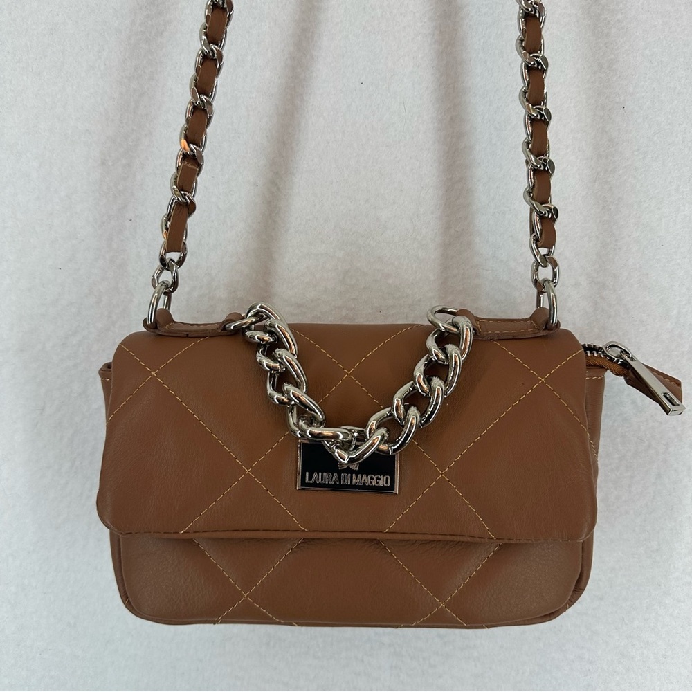 Laura Dimaggio Genuine Leather Quilted Crossbody Chain Bag‎ Brown